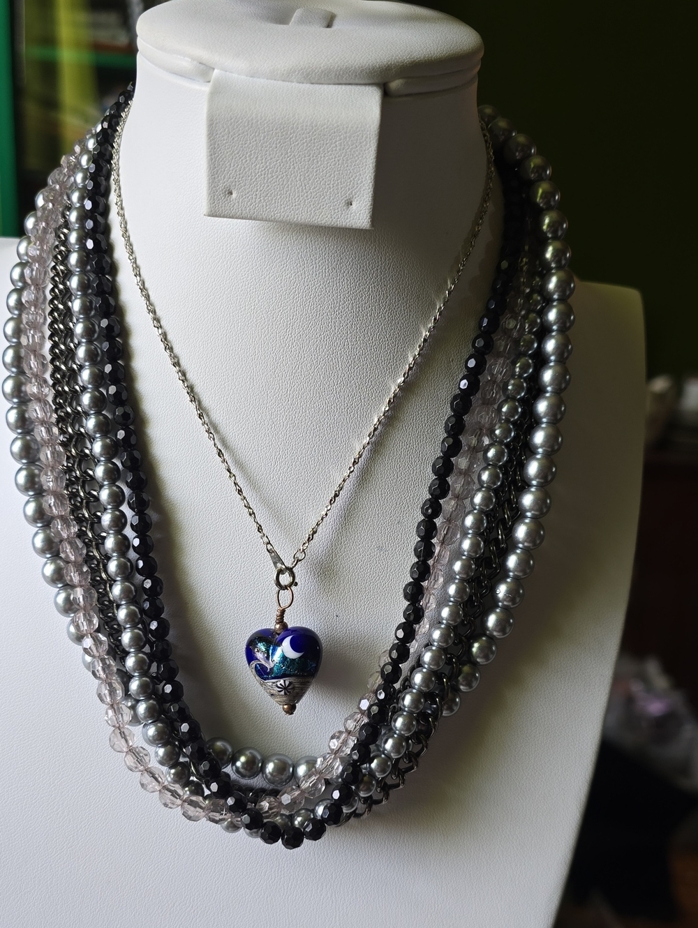 Layered Beaded Heart Pendant Necklace in Black & Gray